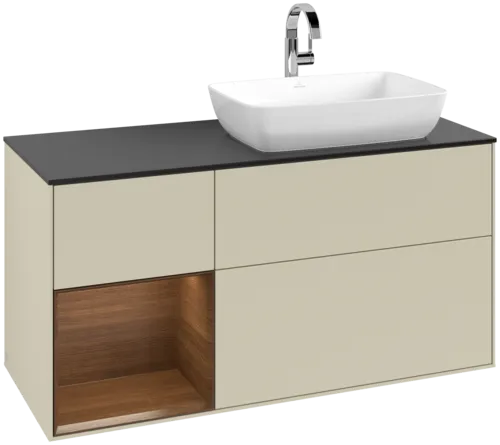 VILLEROY BOCH Toaletní skříňka Finion, s osvětlením, 3 výsuvy, 1200 x 603 x 501 mm, hedvábně šedý matný lak / ořechová dýha / černé matné sklo #F802GNHJ