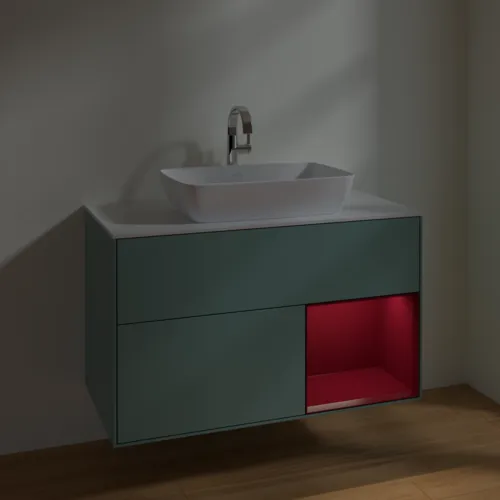 VILLEROY BOCH Toaletní skříňka Finion, s osvětlením, 2 výsuvy, 1000 x 603 x 501 mm, olivový matný lak / pivoňkový matný lak / bílé matné sklo #F781HBGM, obrázek 5
