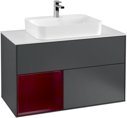 VILLEROY BOCH Toaletní skříňka Finion, s osvětlením, 2 výsuvy, 1000 x 603 x 501 mm, Midnight Blue Matt Lacquer / Peony Matt Lacquer / Glass White Matt #F361HBHG