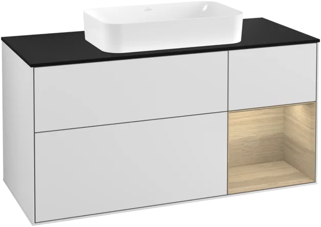 VILLEROY BOCH Toaletní skříňka Finion, s osvětlením, 3 výsuvy, 1200 x 603 x 501 mm, bílý matný lak / dubová dýha / černé matné sklo #F302PCMT