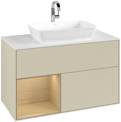 VILLEROY BOCH Toaletní skříňka Finion, s osvětlením, 2 výsuvy, 1000 x 603 x 501 mm, hedvábně šedý matný lak / dubová dýha / sklo bílé matné #F771PCHJ