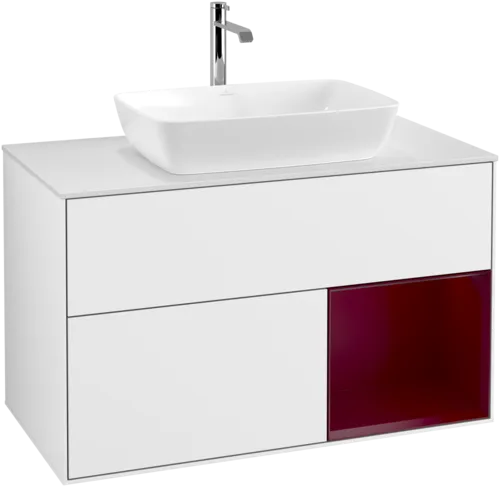 VILLEROY BOCH Toaletní skříňka Finion, s osvětlením, 2 výsuvy, 1000 x 603 x 501 mm, lesklý bílý lak / matný lak Pivoňka / matné bílé sklo #F781HBGF