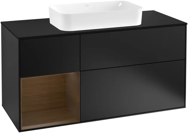 VILLEROY BOCH Toaletní skříňka Finion, s osvětlením, 3 výsuvy, 1200 x 603 x 501 mm, černý matný lak / ořechová dýha / černé matné sklo #F292GNPD