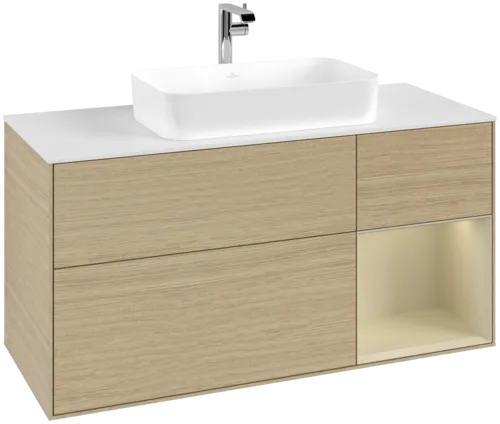 VILLEROY BOCH Toaletní skříňka Finion, s osvětlením, 3 výsuvy, 1200 x 603 x 501 mm, dubová dýha / hedvábně šedý matný lak / sklo bílé matné #F301HJPC