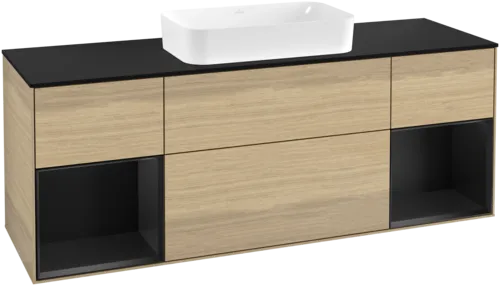 VILLEROY BOCH Toaletní skříňka Finion, s osvětlením, 4 výsuvy, 1600 x 603 x 501 mm, dubová dýha / černý matný lak / černé matné sklo #F332PDPC