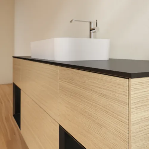 VILLEROY BOCH Toaletní skříňka Finion, s osvětlením, 4 výsuvy, 1600 x 603 x 501 mm, dubová dýha / černý matný lak / černé matné sklo #F332PDPC, obrázek 6