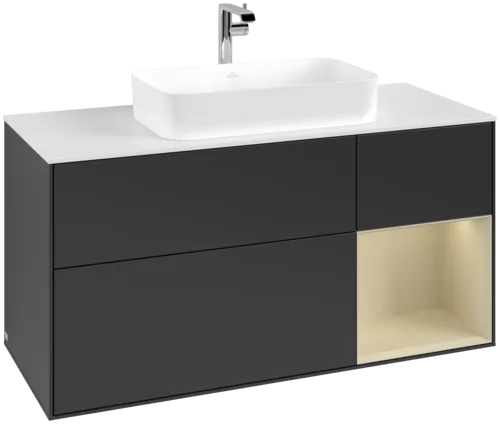 VILLEROY BOCH Toaletní skříňka Finion, s osvětlením, 3 výsuvy, 1200 x 603 x 501 mm, černý matný lak / hedvábně šedý matný lak / bílé matné sklo #F301HJPD