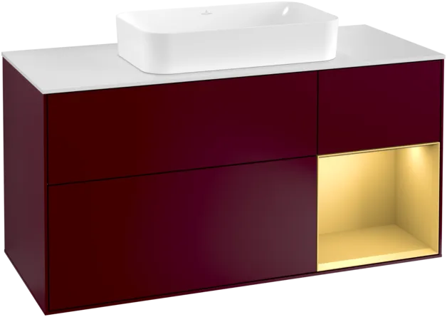 VILLEROY BOCH Toaletní skříňka Finion, s osvětlením, 3 výsuvy, 1200 x 603 x 501 mm, Peony Matt Lacquer / Gold Matt Lacquer / Glass White Matt #F301HFHB