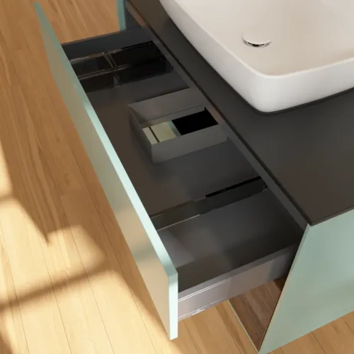 VILLEROY BOCH Toaletní skříňka Finion, s osvětlením, 2 výsuvy, 1000 x 603 x 501 mm, olivový matný lak / ořechová dýha / černé matné sklo #F782GNGM, obrázek 8