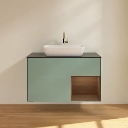 VILLEROY BOCH Toaletní skříňka Finion, s osvětlením, 2 výsuvy, 1000 x 603 x 501 mm, olivový matný lak / ořechová dýha / černé matné sklo #F782GNGM, obrázek 3
