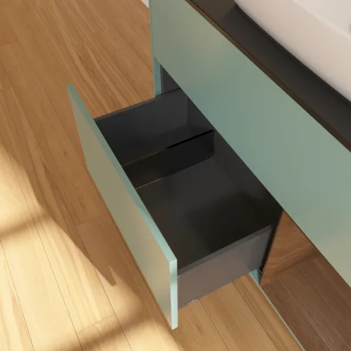 VILLEROY BOCH Toaletní skříňka Finion, s osvětlením, 2 výsuvy, 1000 x 603 x 501 mm, olivový matný lak / ořechová dýha / černé matné sklo #F782GNGM, obrázek 7