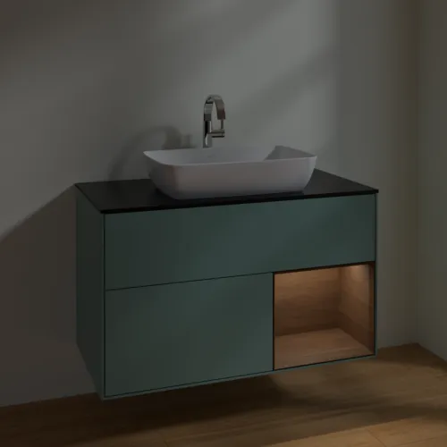 VILLEROY BOCH Toaletní skříňka Finion, s osvětlením, 2 výsuvy, 1000 x 603 x 501 mm, olivový matný lak / ořechová dýha / černé matné sklo #F782GNGM, obrázek 5