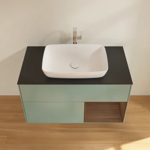 VILLEROY BOCH Toaletní skříňka Finion, s osvětlením, 2 výsuvy, 1000 x 603 x 501 mm, olivový matný lak / ořechová dýha / černé matné sklo #F782GNGM, obrázek 4