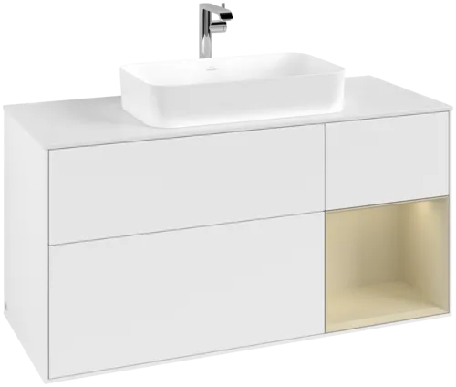 VILLEROY BOCH Toaletní skříňka Finion, s osvětlením, 3 výsuvy, 1200 x 603 x 501 mm, bílý matný lak / hedvábně šedý matný lak / bílé matné sklo #F301HJMT