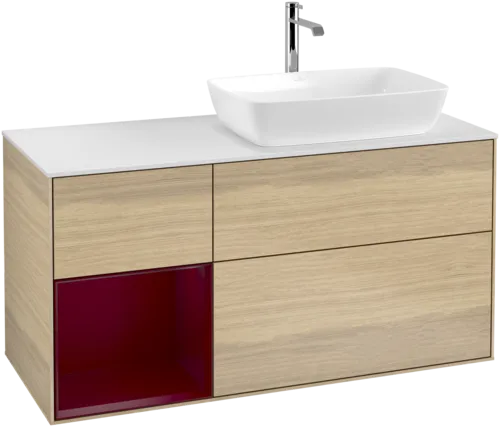 VILLEROY BOCH Toaletní skříňka Finion, s osvětlením, 3 výsuvy, 1200 x 603 x 501 mm, dubová dýha / matný lak Pivoňka / matné bílé sklo #F801HBPC