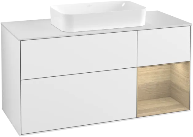 VILLEROY BOCH Toaletní skříňka Finion, s osvětlením, 3 výsuvy, 1200 x 603 x 501 mm, lesklý bílý lak / dubová dýha / sklo bílé matné #F301PCGF
