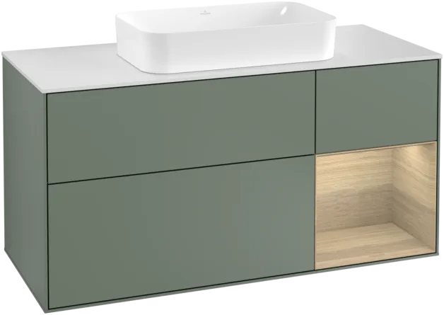VILLEROY BOCH Toaletní skříňka Finion, s osvětlením, 3 výsuvy, 1200 x 603 x 501 mm, olivový matný lak / dubová dýha / sklo bílé matné #F301PCGM