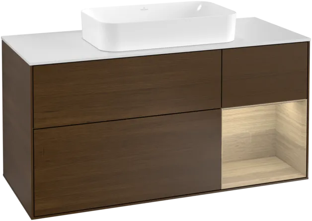 VILLEROY BOCH Toaletní skříňka Finion, s osvětlením, 3 výsuvy, 1200 x 603 x 501 mm, ořechová dýha / dubová dýha / sklo bílé matné #F301PCGN