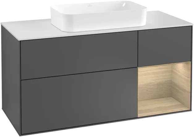 VILLEROY BOCH Toaletní skříňka Finion, s osvětlením, 3 výsuvy, 1200 x 603 x 501 mm, antracit matný lak / dubová dýha / sklo bílé matné #F301PCGK