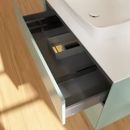 VILLEROY BOCH Toaletní skříňka Finion, s osvětlením, 2 výsuvy, 1000 x 603 x 501 mm, olivový matný lak / zlatý matný lak / bílé matné sklo #F771HFGM, obrázek 8