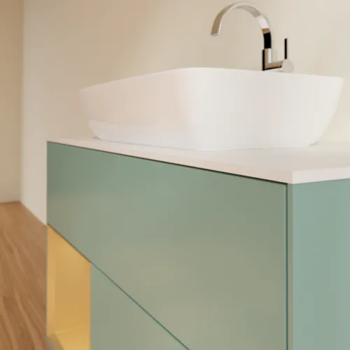 VILLEROY BOCH Toaletní skříňka Finion, s osvětlením, 2 výsuvy, 1000 x 603 x 501 mm, olivový matný lak / zlatý matný lak / bílé matné sklo #F771HFGM, obrázek 6