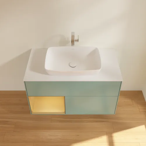 VILLEROY BOCH Toaletní skříňka Finion, s osvětlením, 2 výsuvy, 1000 x 603 x 501 mm, olivový matný lak / zlatý matný lak / bílé matné sklo #F771HFGM, obrázek 4
