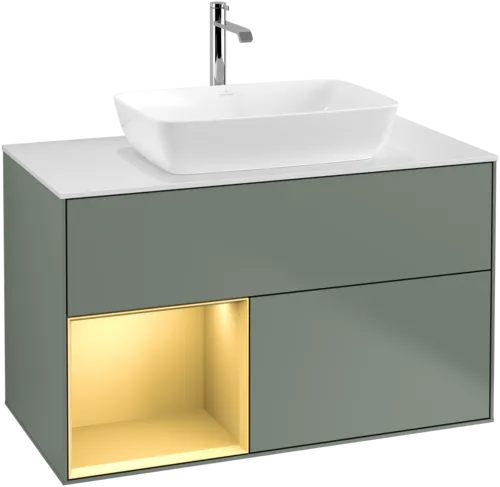 VILLEROY BOCH Toaletní skříňka Finion, s osvětlením, 2 výsuvy, 1000 x 603 x 501 mm, olivový matný lak / zlatý matný lak / bílé matné sklo #F771HFGM