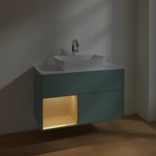 VILLEROY BOCH Toaletní skříňka Finion, s osvětlením, 2 výsuvy, 1000 x 603 x 501 mm, olivový matný lak / zlatý matný lak / bílé matné sklo #F771HFGM, obrázek 5
