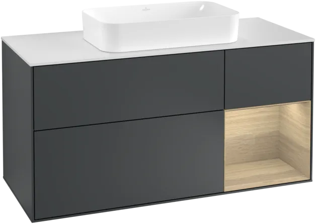 VILLEROY BOCH Toaletní skříňka Finion, s osvětlením, 3 výsuvy, 1200 x 603 x 501 mm, matný lak Midnight Blue / dubová dýha / matné bílé sklo #F301PCHG