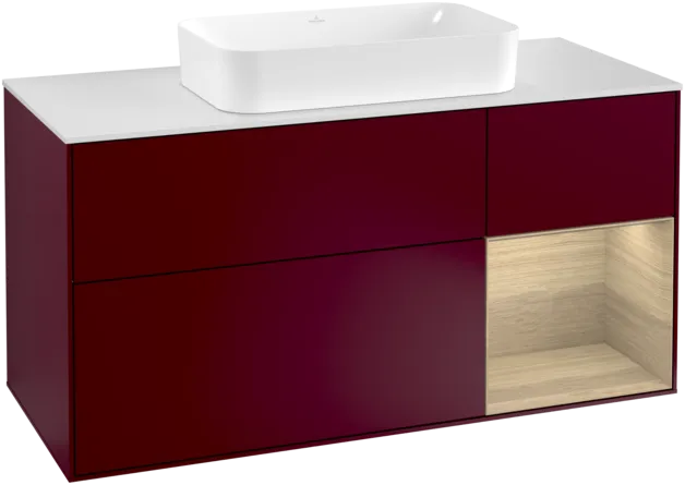VILLEROY BOCH Toaletní skříňka Finion, s osvětlením, 3 výsuvy, 1200 x 603 x 501 mm, matný lak Peony / dubová dýha / bílé matné sklo #F301PCHB