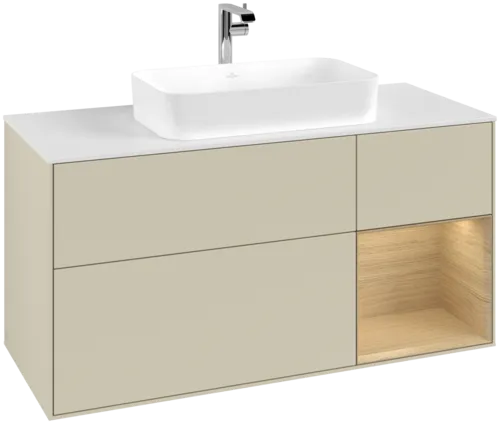 VILLEROY BOCH Toaletní skříňka Finion, s osvětlením, 3 výsuvy, 1200 x 603 x 501 mm, hedvábně šedý matný lak / dubová dýha / bílé matné sklo #F301PCHJ