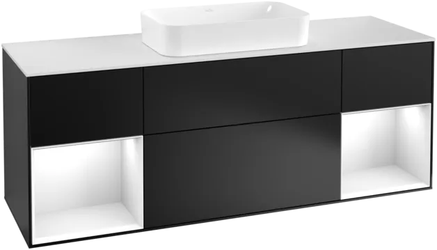 VILLEROY BOCH Toaletní skříňka Finion, s osvětlením, 4 výsuvy, 1600 x 603 x 501 mm, černý matný lak / bílý lesklý lak / bílé matné sklo #F331GFPD