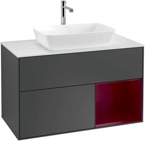 VILLEROY BOCH Toaletní skříňka Finion, s osvětlením, 2 výsuvy, 1000 x 603 x 501 mm, Midnight Blue Matt Lacquer / Peony Matt Lacquer / Glass White Matt #F781HBHG