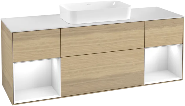 VILLEROY BOCH Toaletní skříňka Finion, s osvětlením, 4 výsuvy, 1600 x 603 x 501 mm, dubová dýha / lesklý bílý lak / sklo bílé matné #F331GFPC