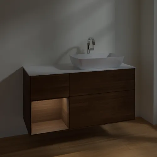 VILLEROY BOCH Toaletní skříňka Finion, s osvětlením, 3 výsuvy, 1200 x 603 x 501 mm, ořechová dýha / ořechová dýha / sklo bílé matné #F801GNGN, obrázek 5