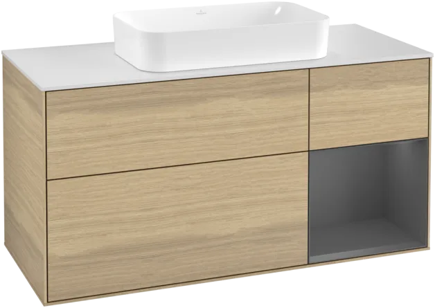 VILLEROY BOCH Toaletní skříňka Finion, s osvětlením, 3 výsuvy, 1200 x 603 x 501 mm, dubová dýha / antracitový matný lak / bílé matné sklo #F301GKPC