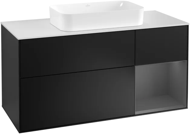 VILLEROY BOCH Toaletní skříňka Finion, s osvětlením, 3 výsuvy, 1200 x 603 x 501 mm, černý matný lak / antracitový matný lak / bílé matné sklo #F301GKPD