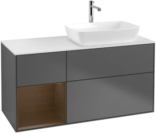 VILLEROY BOCH Toaletní skříňka Finion, s osvětlením, 3 výsuvy, 1200 x 603 x 501 mm, antracit matný lak / ořechová dýha / sklo bílé matné #F801GNGK