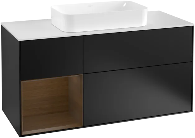 VILLEROY BOCH Toaletní skříňka Finion, s osvětlením, 3 výsuvy, 1200 x 603 x 501 mm, černý matný lak / ořechová dýha / bílé matné sklo #F291GNPD