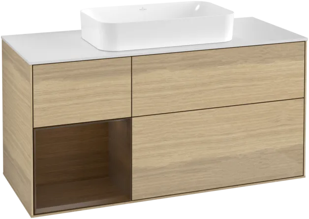 VILLEROY BOCH Toaletní skříňka Finion, s osvětlením, 3 výsuvy, 1200 x 603 x 501 mm, dubová dýha / ořechová dýha / sklo bílé matné #F291GNPC