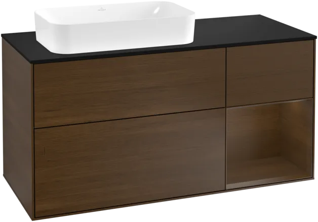 VILLEROY BOCH Toaletní skříňka Finion, s osvětlením, 3 výsuvy, 1200 x 603 x 501 mm, ořechová dýha / ořechová dýha / sklo černé matné #F282GNGN