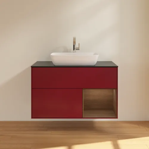 VILLEROY BOCH Toaletní stolek Finion, s osvětlením, 2 výsuvy, 1000 x 603 x 501 mm, matný lak Peony / ořechová dýha / černé matné sklo #F782GNHB, obrázek 3