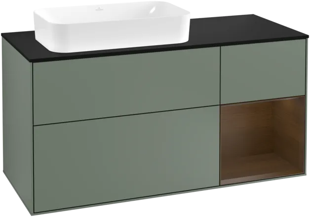 VILLEROY BOCH Toaletní skříňka Finion, s osvětlením, 3 výsuvy, 1200 x 603 x 501 mm, olivový matný lak / ořechová dýha / černé matné sklo #F282GNGM