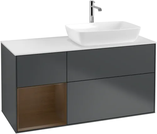VILLEROY BOCH Toaletní skříňka Finion, s osvětlením, 3 výsuvy, 1200 x 603 x 501 mm, půlnočně modrý matný lak / ořechová dýha / bílé matné sklo #F801GNHG, obrázek 1