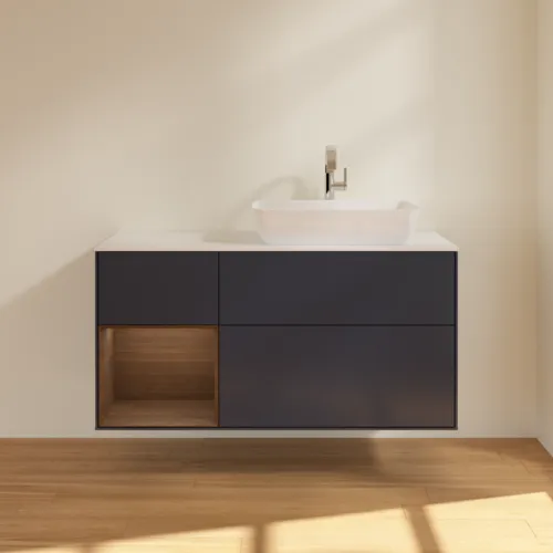 VILLEROY BOCH Toaletní skříňka Finion, s osvětlením, 3 výsuvy, 1200 x 603 x 501 mm, půlnočně modrý matný lak / ořechová dýha / bílé matné sklo #F801GNHG, obrázek 3