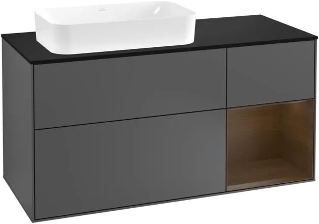 VILLEROY BOCH Toaletní skříňka Finion, s osvětlením, 3 výsuvy, 1200 x 603 x 501 mm, antracitový matný lak / ořechová dýha / černé matné sklo #F282GNGK
