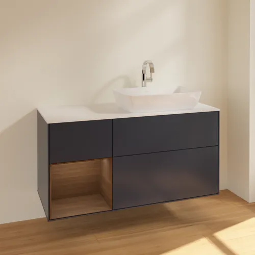 VILLEROY BOCH Toaletní skříňka Finion, s osvětlením, 3 výsuvy, 1200 x 603 x 501 mm, půlnočně modrý matný lak / ořechová dýha / bílé matné sklo #F801GNHG, obrázek 2