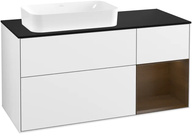 VILLEROY BOCH Toaletní skříňka Finion, s osvětlením, 3 výsuvy, 1200 x 603 x 501 mm, lesklý bílý lak / ořechová dýha / černé matné sklo #F282GNGF