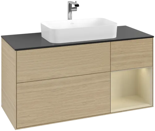VILLEROY BOCH Toaletní skříňka Finion, s osvětlením, 3 výsuvy, 1200 x 603 x 501 mm, dubová dýha / hedvábně šedý matný lak / sklo černé matné #F302HJPC