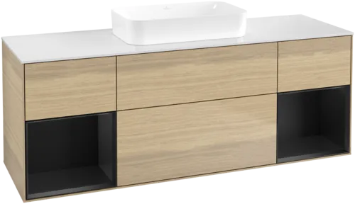 VILLEROY BOCH Toaletní skříňka Finion, s osvětlením, 4 výsuvy, 1600 x 603 x 501 mm, dubová dýha / černý matný lak / bílé matné sklo #F741PDPC